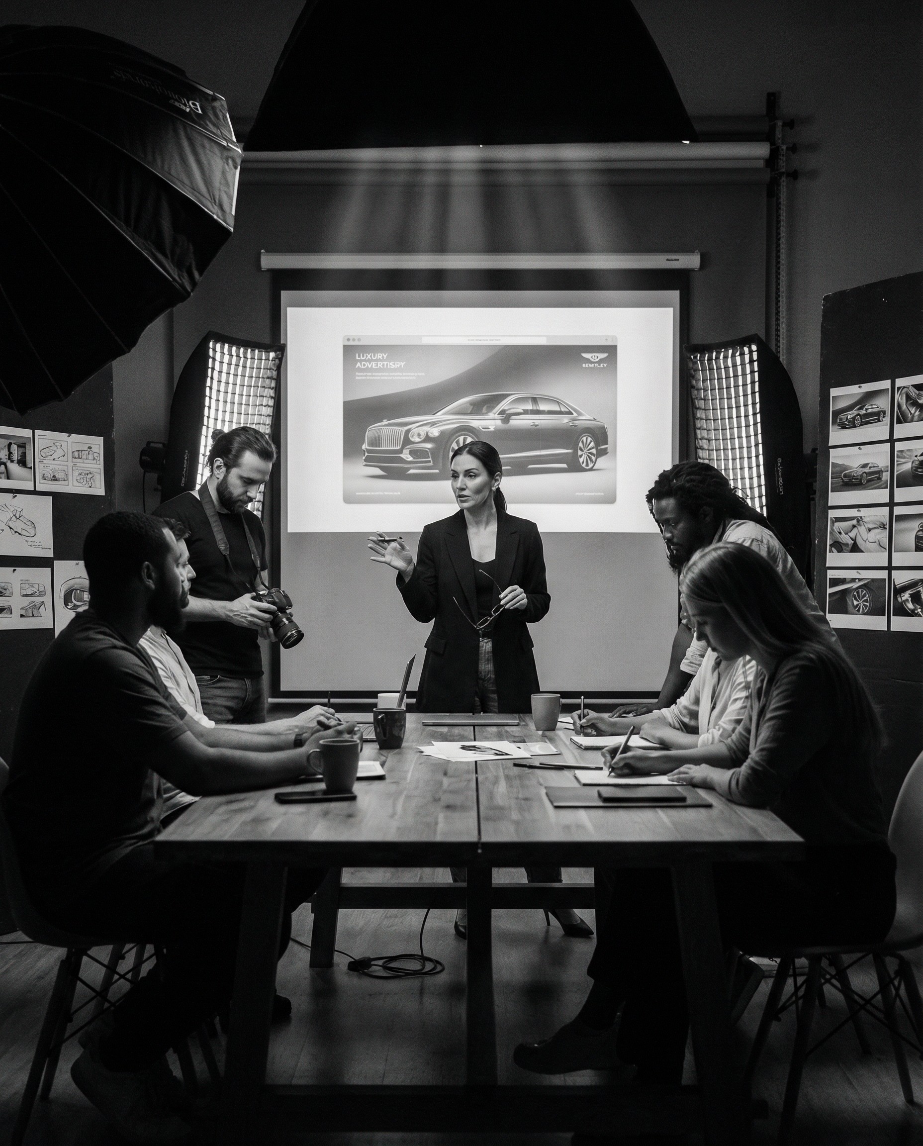 creative director and team working on luxury ad campaign
