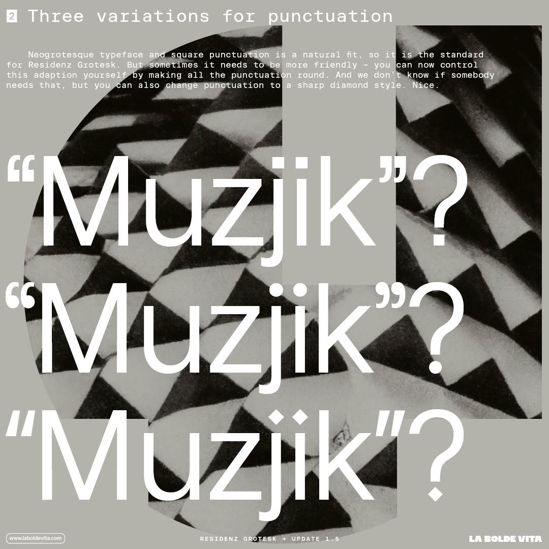 white text showcasing different punctuation styles of Residenz Grotesk on grey/black background with abstract shapes