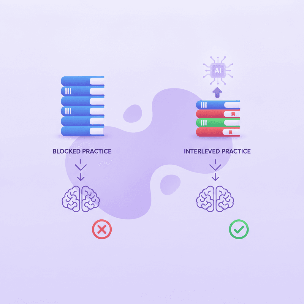 An infographic contrasting "Blocked Practice" showing a stack of identical blue books with "Interleaved Practice" showing an alternating pattern of blue, red, and green books with arrows pointing to a