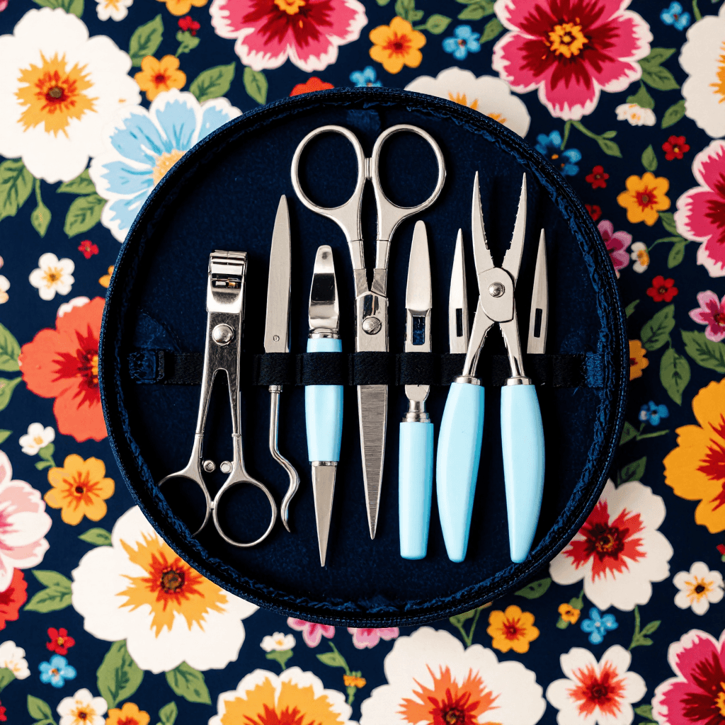 product photography of a set of manicure tools in a case