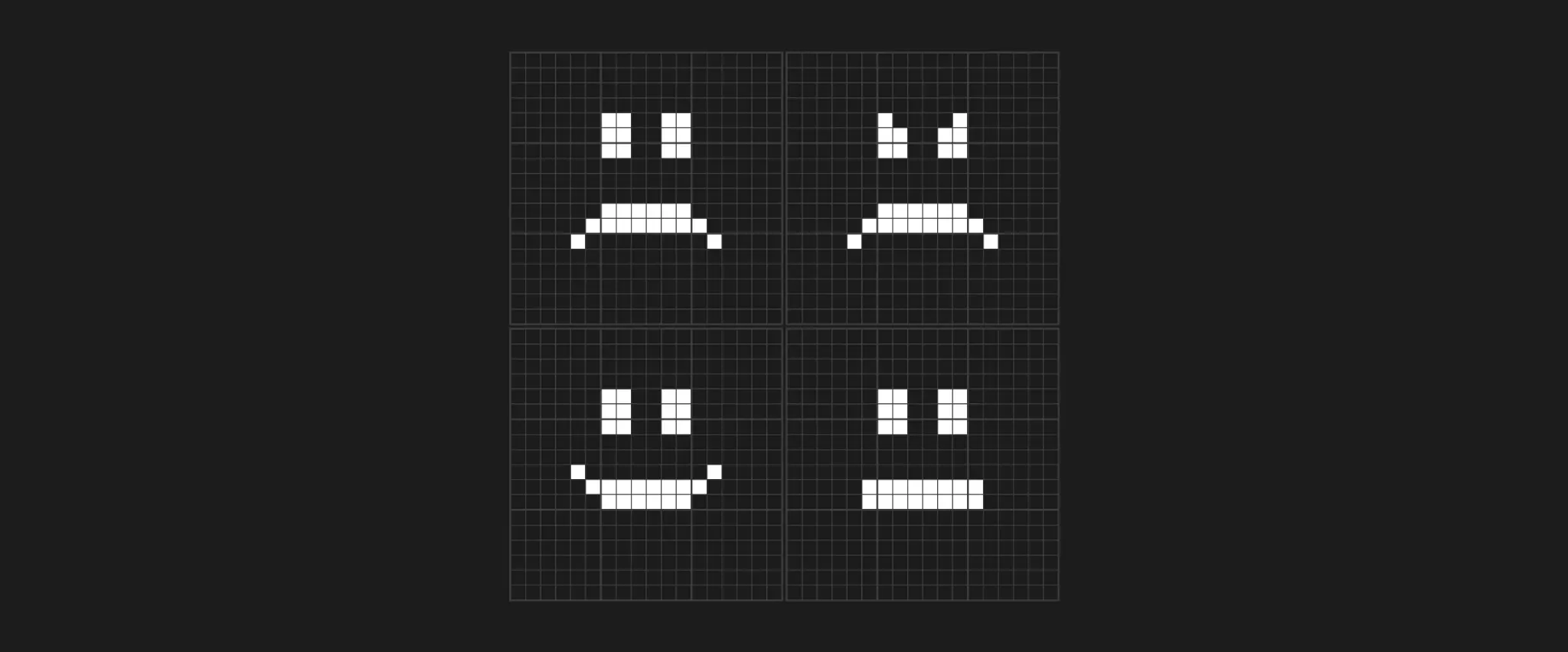 Four pixel art faces: sad, sideways smiling, smiling, neutral