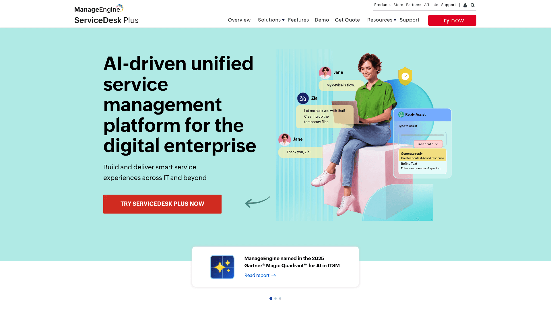 A screenshot of the ManageEngine ServiceDesk Plus homepage, a feature-rich platform among Spiceworks alternatives.