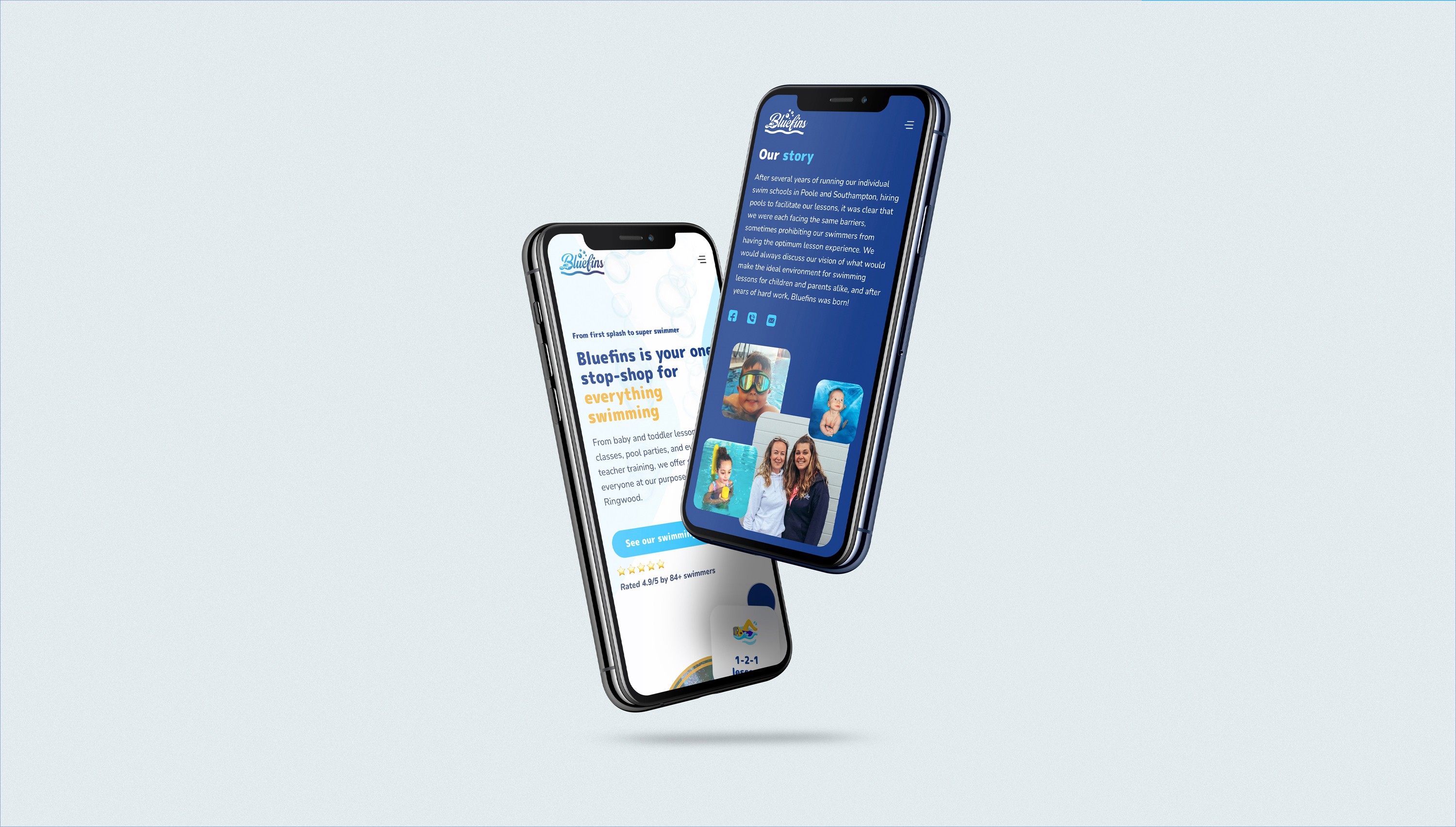 Bluefins swimming mobile website design with clear navigation and easy class booking flow