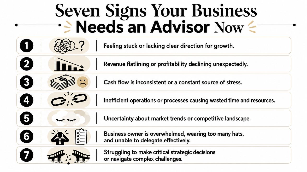 A list of seven signs indicating that your business is in need of professional advisory services.