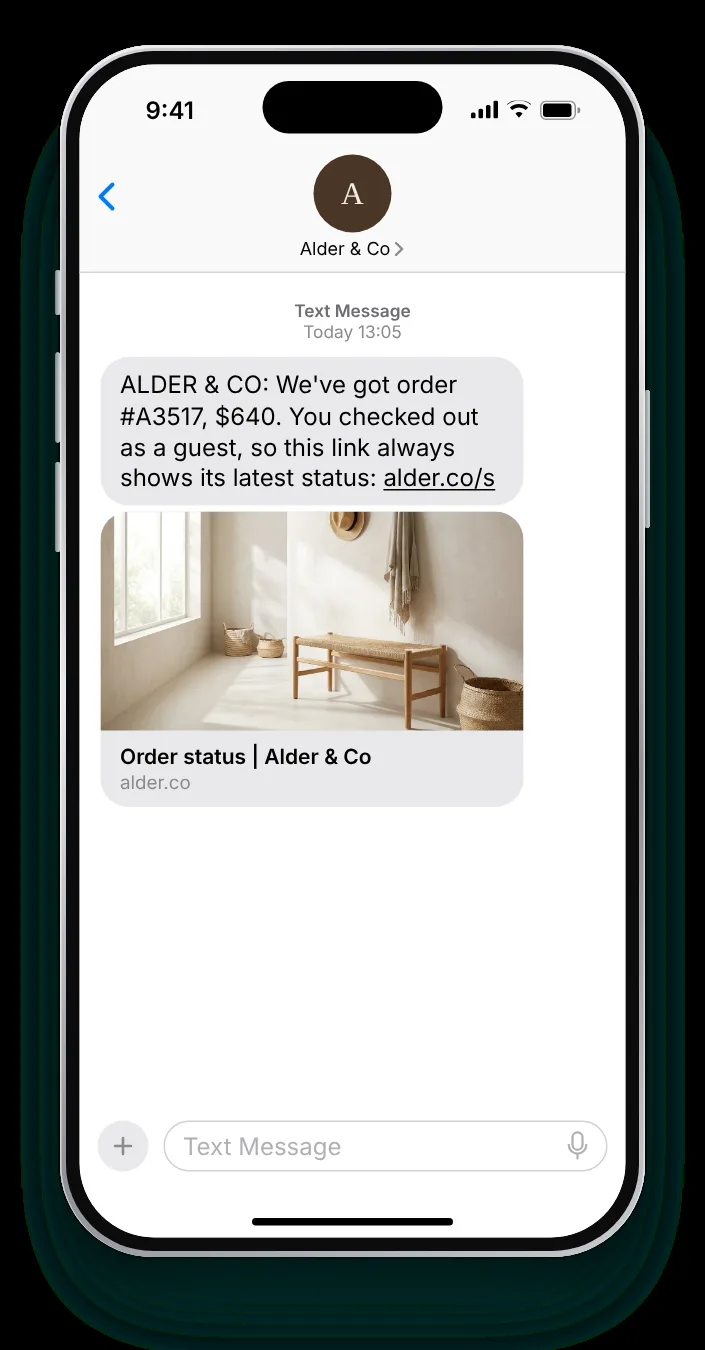 No account, still one link to the status order confirmation text on an iPhone
