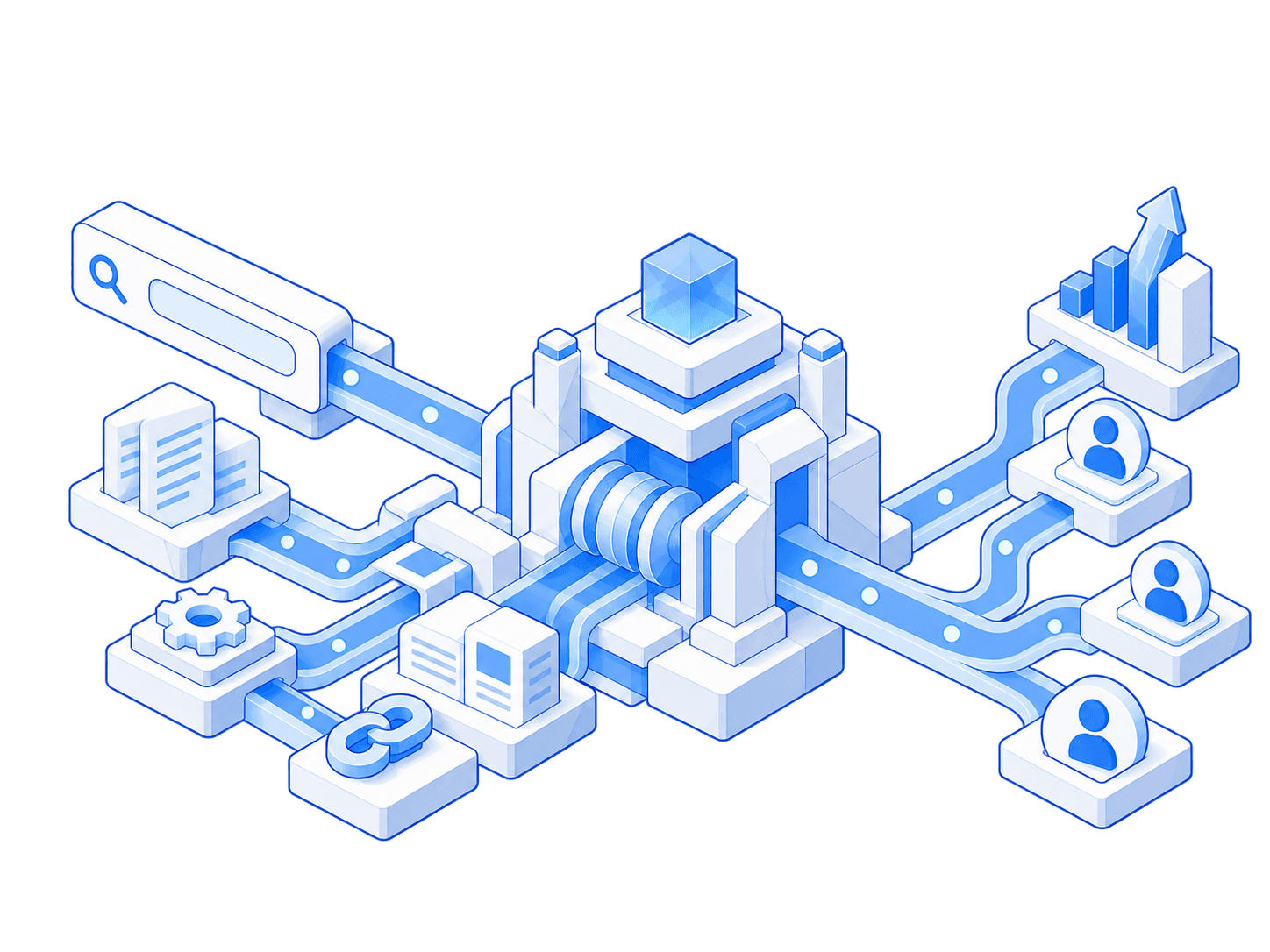 Search inputs flow through an SEO system into qualified buyer demand