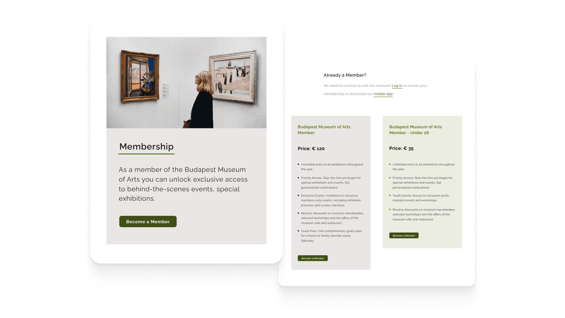 Budapest Museum of Arts website screens for membership section