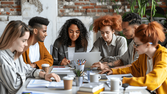 Diverse group of young professionals sitting around a table with a laptop and notebooks in a modern brick-walled office.