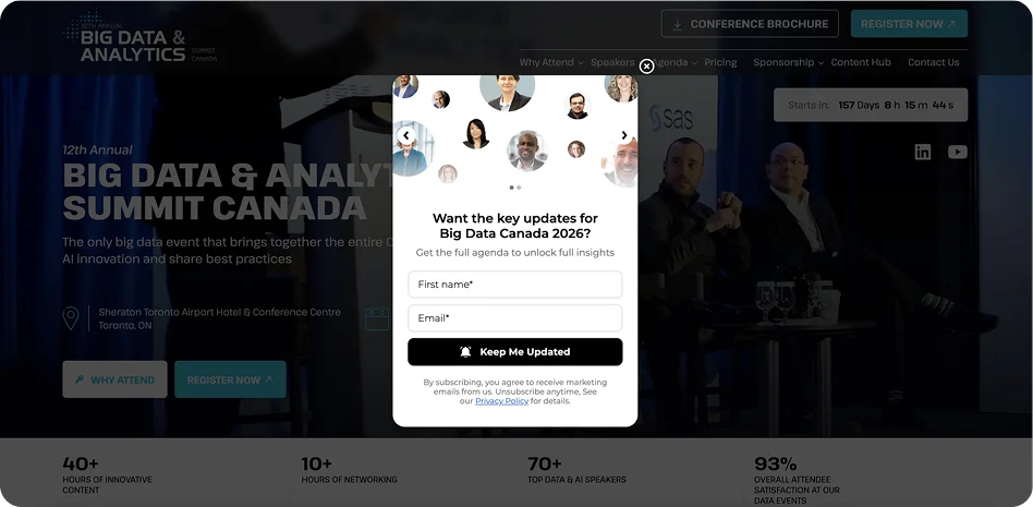 B2B exit-intent popup example for a Big Data conference offering a full agenda download to capture leads and reduce session bounce rates