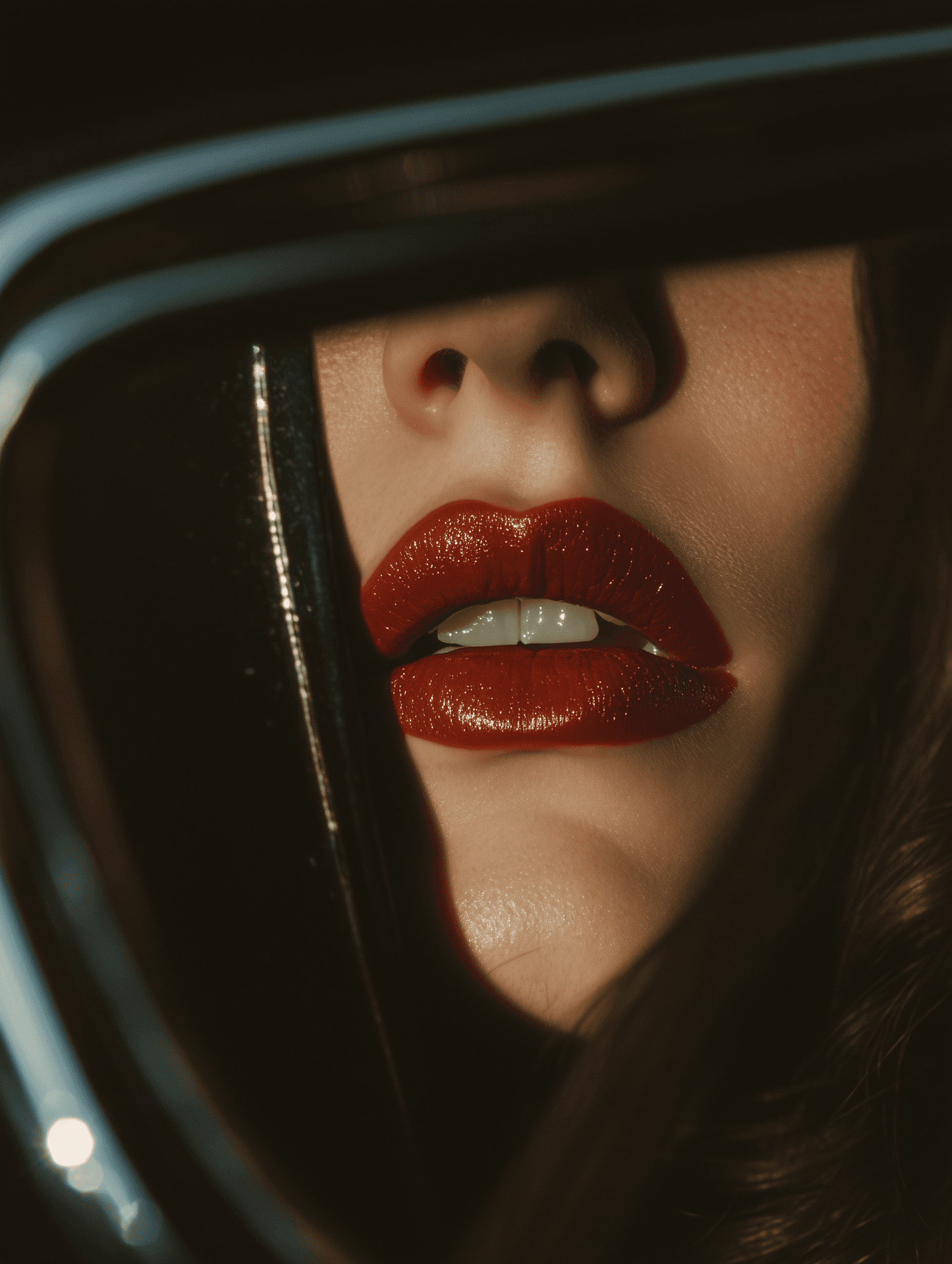 Close-up of a woman's lips wearing red lipstick, a woman's lips in the mirror, reflected in a mirror