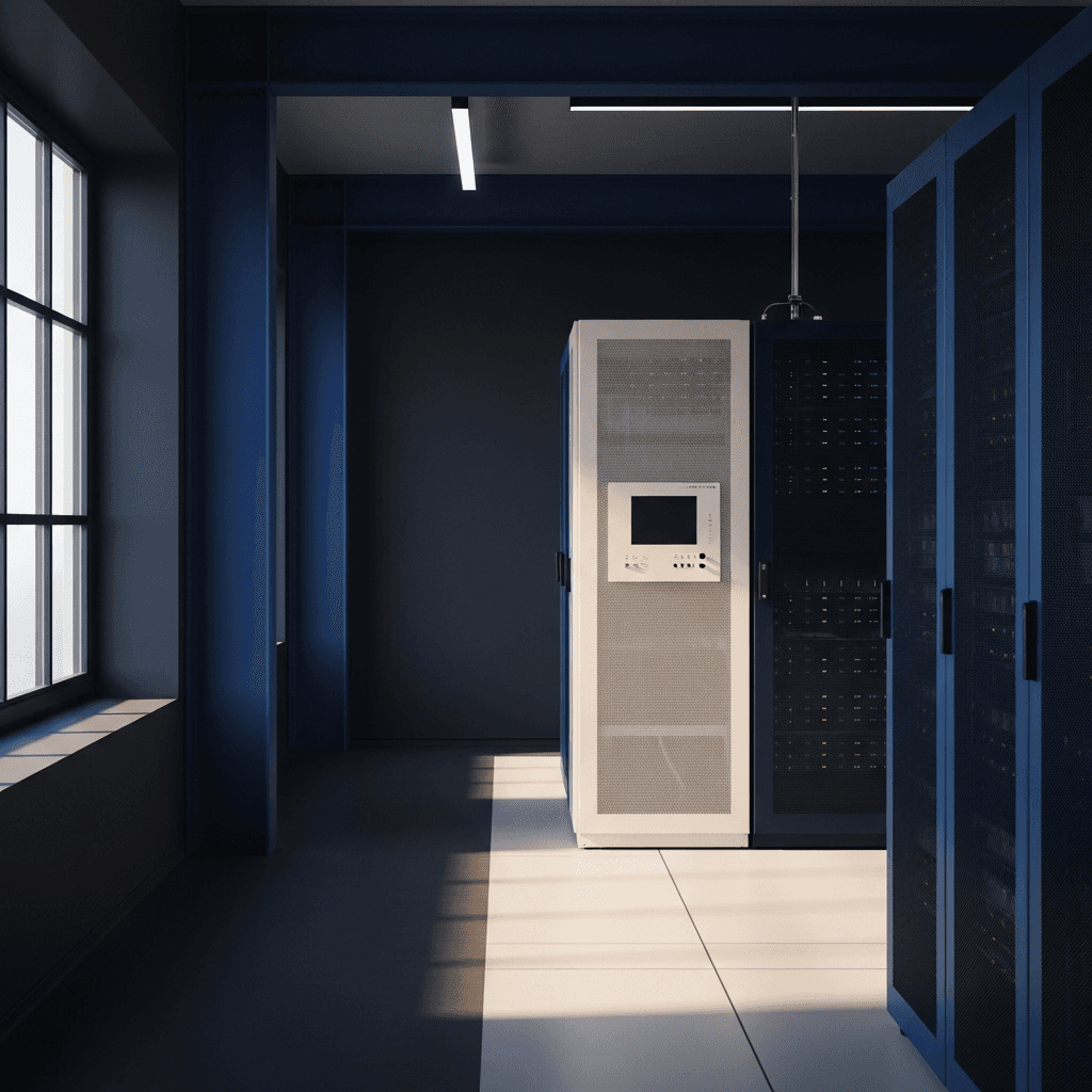 Editorial photograph of a modern, secure data center with sleek server racks. Natural light streams in from a large window on the left, illuminating one specific server cabinet. The overall aesthetic is minimal, clean, and architectural. The color palette is dominated by deep blue (#1F3B5B) and dark charcoal (#20242B), with subtle accents of warm off-white (#F5F2EC) on the floor and walls. There is ample negative space in the upper-left third for text overlays. Aspect ratio 16:9. No text, no logos, no watermarks. Photorealistic.