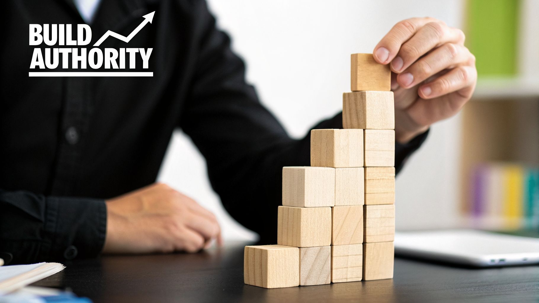 Person carefully placing wooden blocks to build a rising structure, illustrating the concept of building authority.