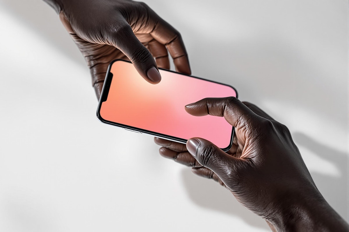 Hands holding smartphone with pink screen.