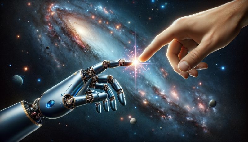 Human and AI touching in front of a galaxy