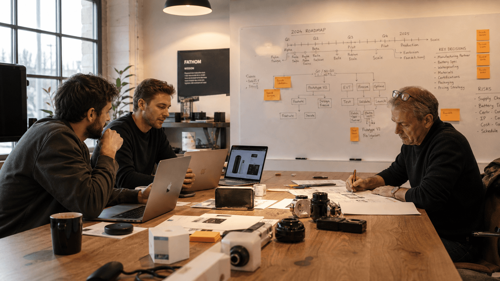 Hardware startup team comparing agency deliverables with fractional CTO strategic guidance in a product development war room