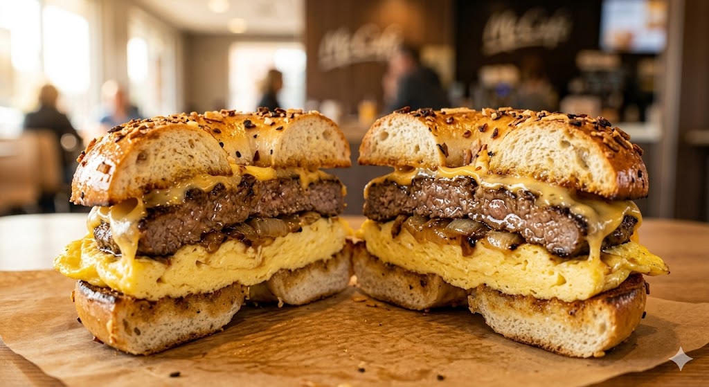 A macro close-up photograph of a McDonald's Steak, Egg & Cheese Bagel breakfast sandwich, cut in half to show the juicy grilled steak patty, melted American cheese, fluffy folded egg, and caramelized onions on a toasted onion bagel.