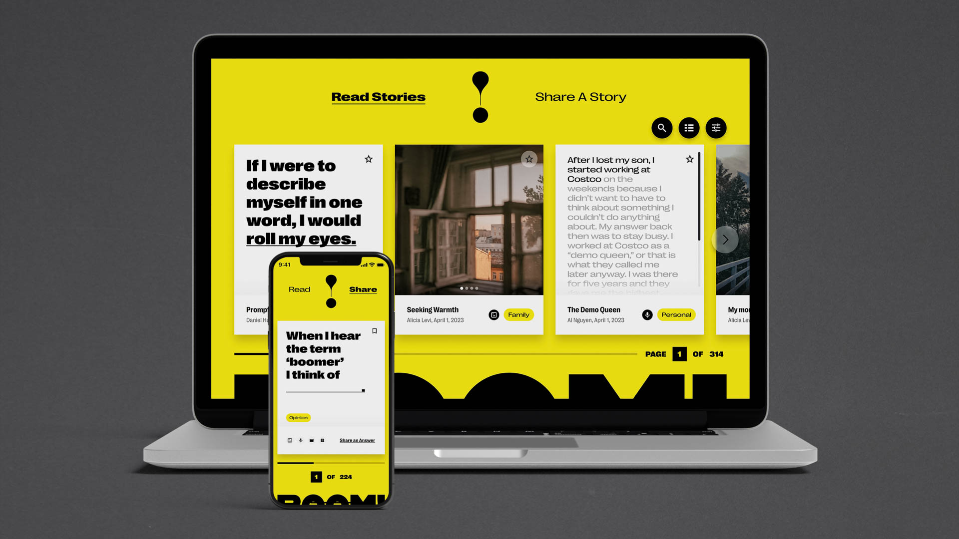A laptop and a smartphone display the Read Stories app interface. The laptop screen shows a yellow background with text and images, including “If I were to describe myself in one word, I would roll my eyes.” The smartphone screen displays “When I hear the ‘boomer’ ‘boomer is’,” along with a prompt to read “Read Stories.” The app interface includes navigation elements like “Read Stories,” “Share A Story,” and “Personal Stories.”