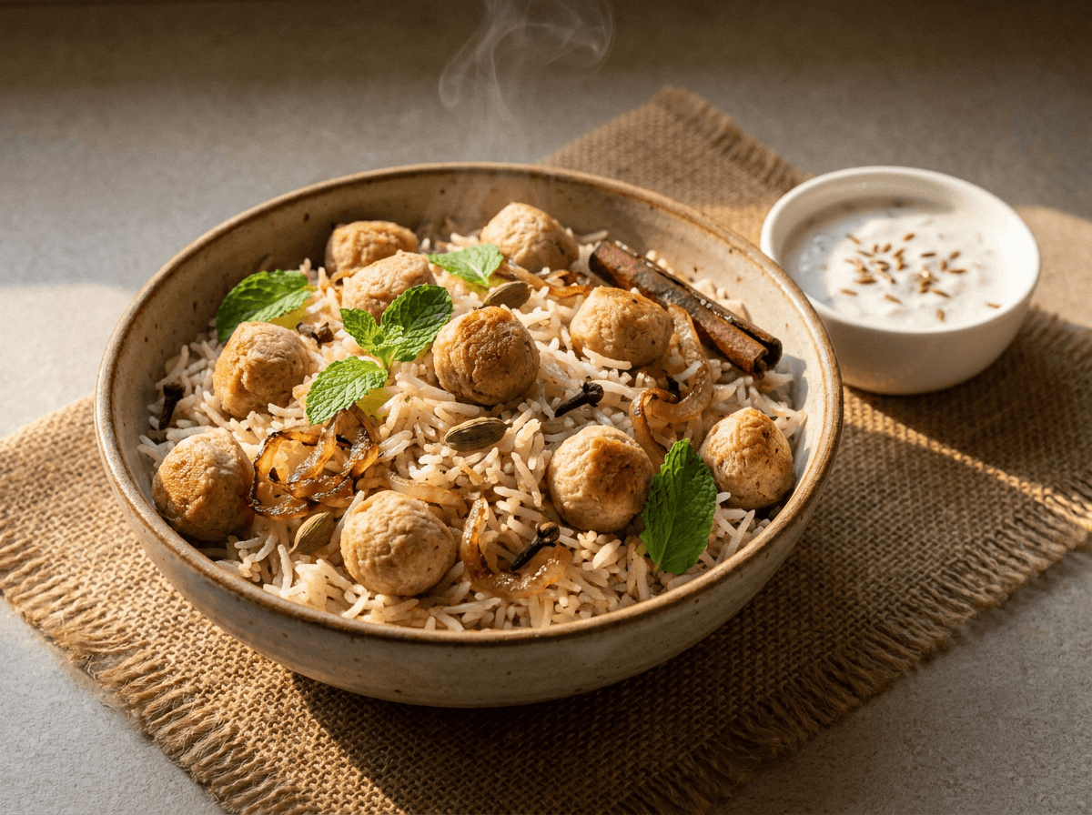 Soya chunk pulao with whole spices and mint, high-protein plant-based meal