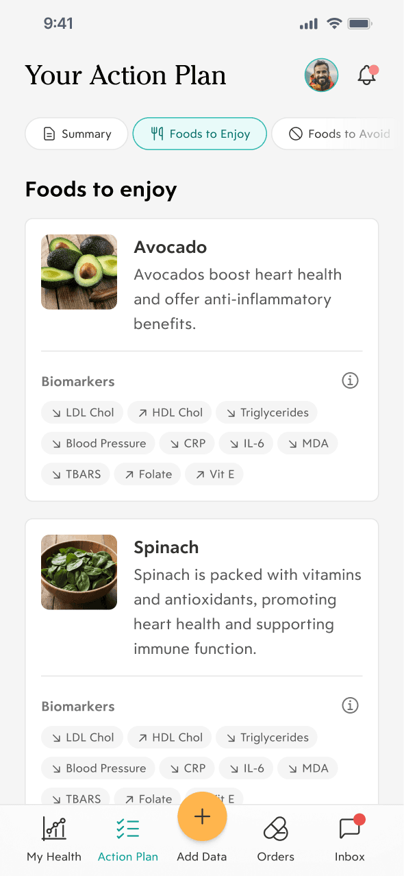 Screen featuring the foods to enjoy section of the Action plan screen, listing foods and their bio markers.