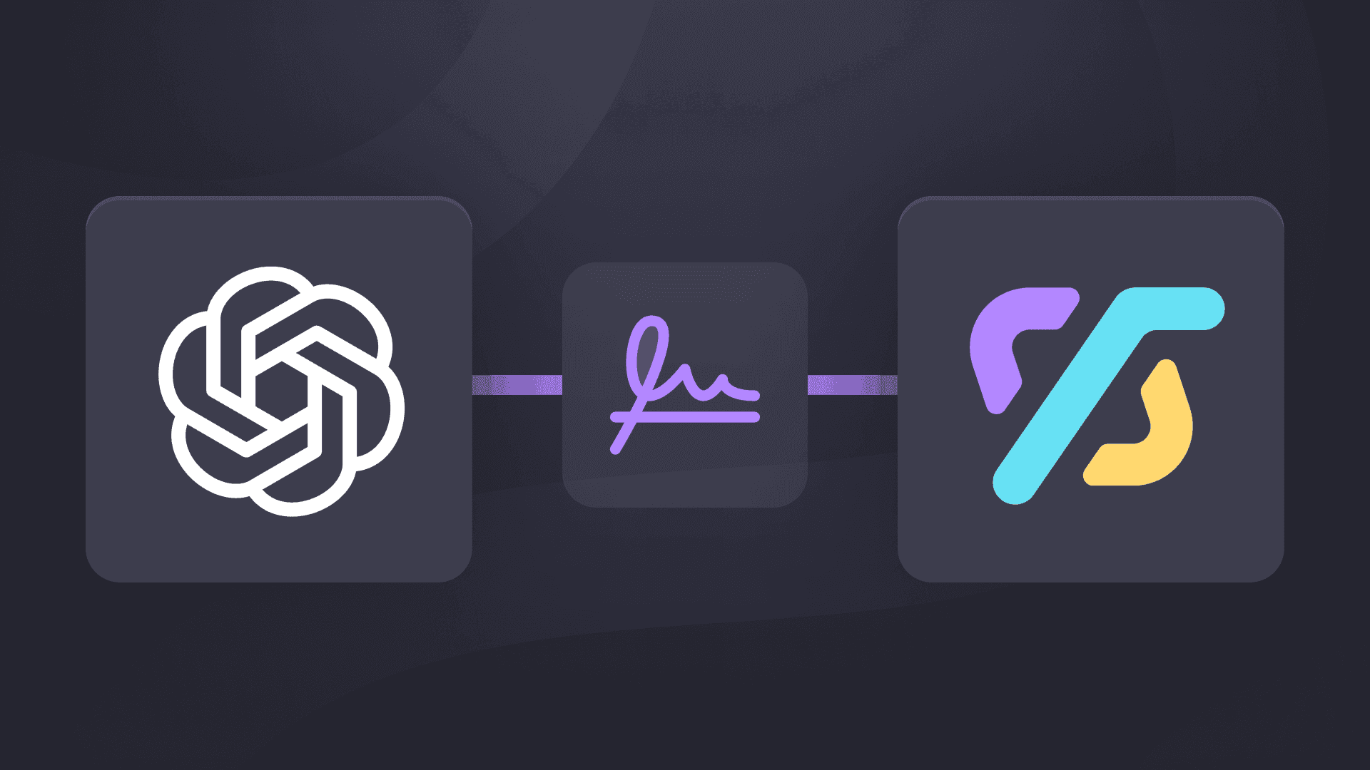 An illustration showing a connection between the OpenAI logo on the left, a stylized signature icon in the middle, and the Microsoft Copilot logo on the right, all set against a dark purple background.