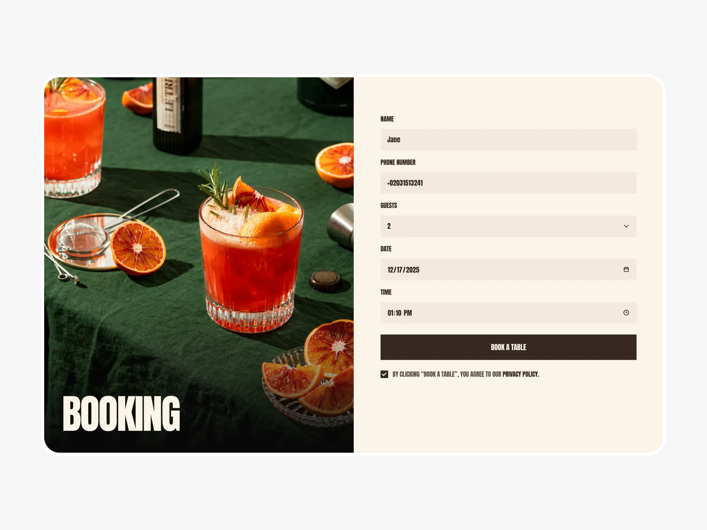 Restaurant website template booking form section for table reservations