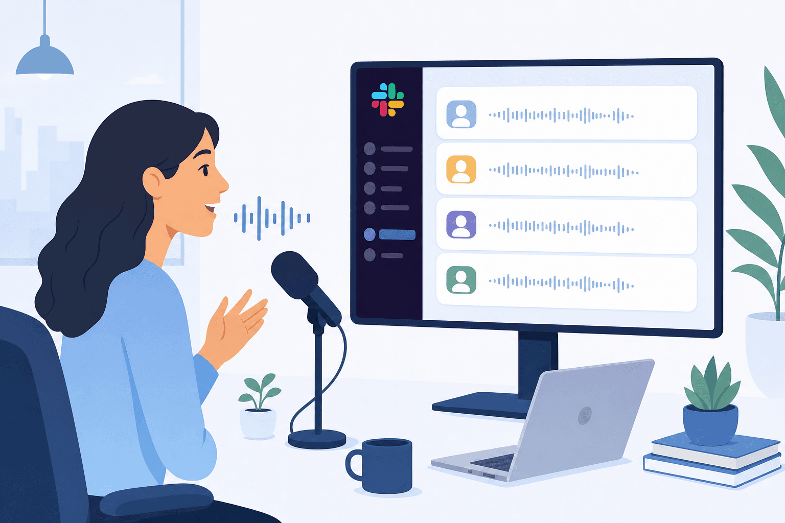 Clean, minimal flat illustration of a person speaking into a microphone with Slack message bubbles appearing on a screen beside them. Speech-to-text visualization with clean UI elements, modern workspace setting, soft blue and white color palette, professional and approachable style, no text in the image.