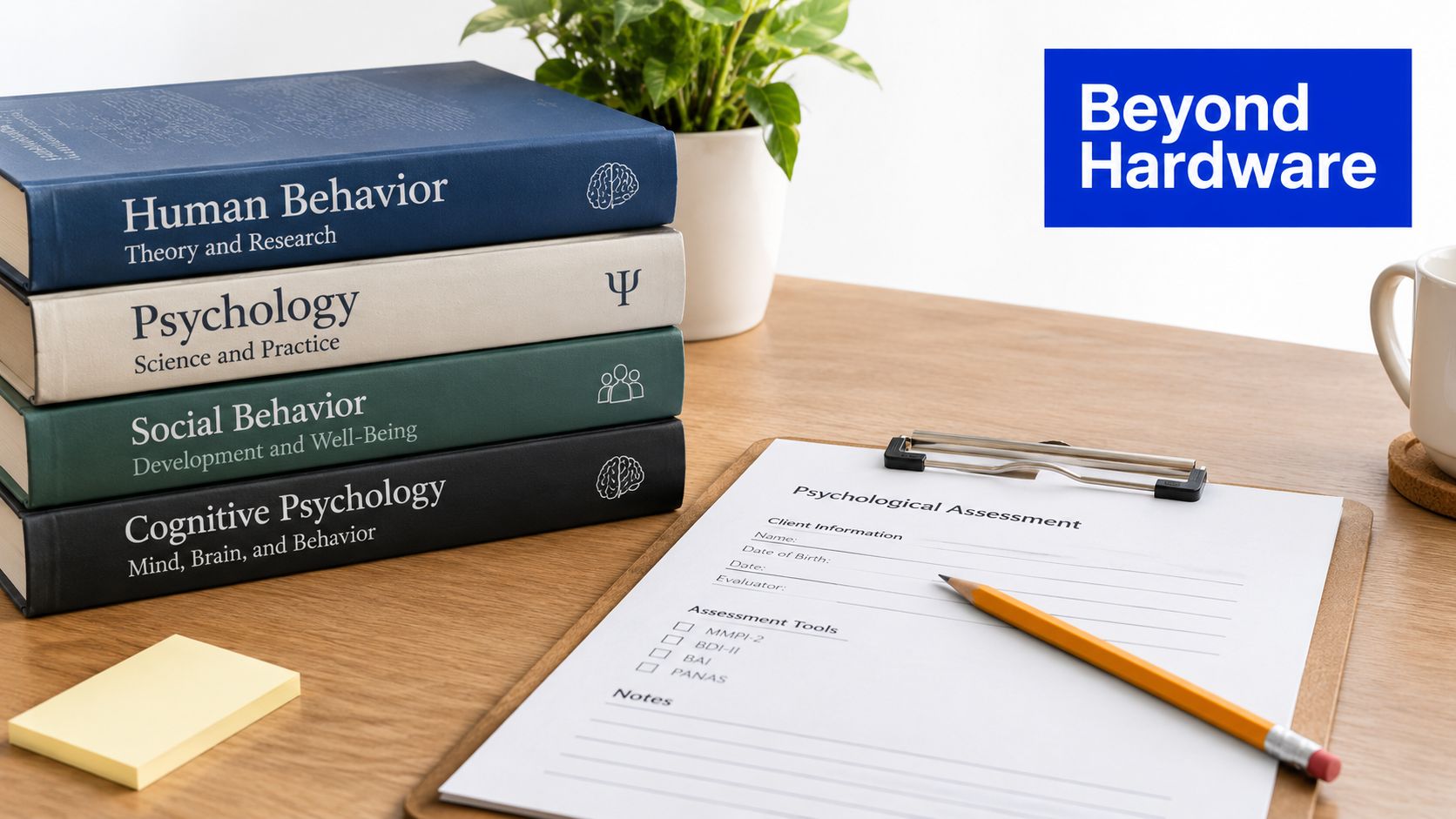 A stack of psychology textbooks and a psychological assessment form on a wooden desk with a pencil.
