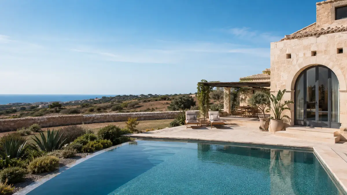 Villa in pietra chiara con piscina tra campagna e costa del sud-est siciliano