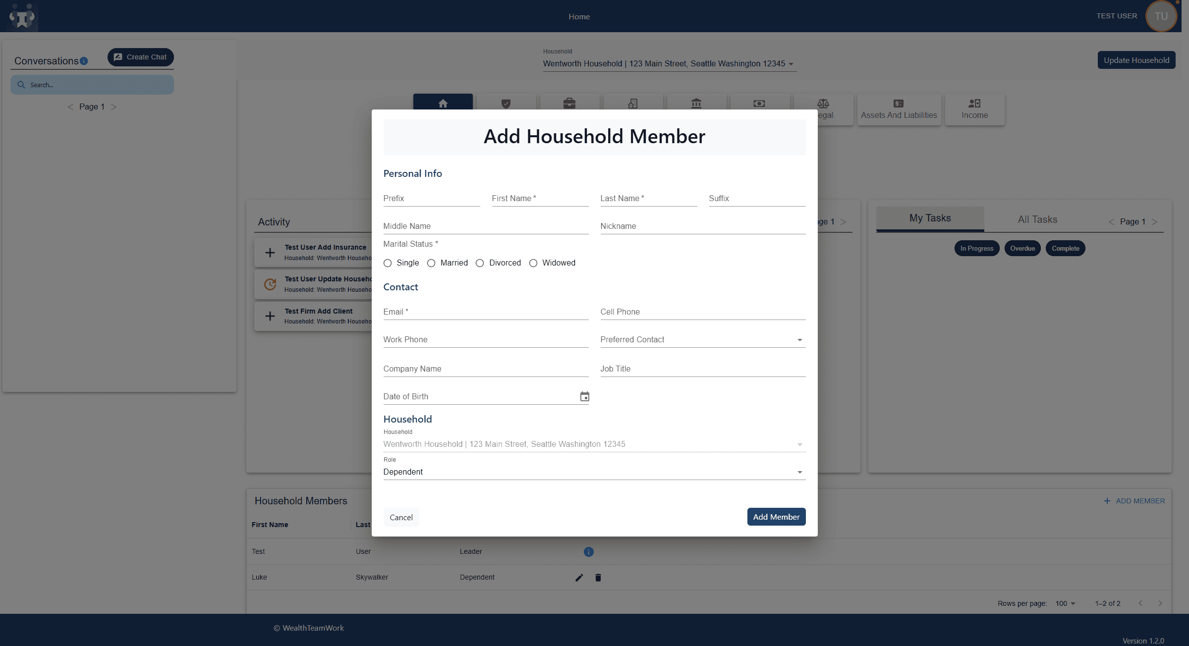 Pre-redesign add household member form requiring over 15 input fields, creating a lengthy and complex user entry process.