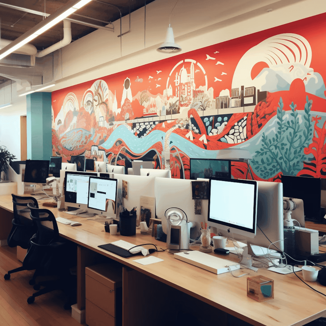 Creative workspace with colorful mural in the background