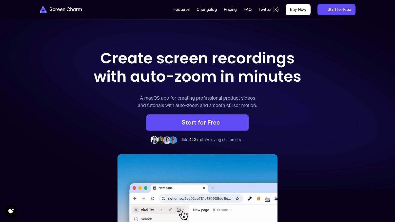 Screen Charm's user interface showing a webcam overlay on a screen recording, a common feature in webcam capture software for Mac.