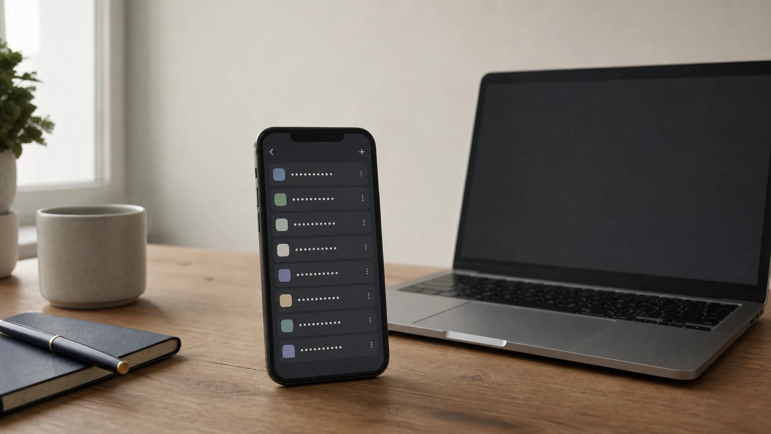 A smartphone shows a password manager app beside a laptop login screen.