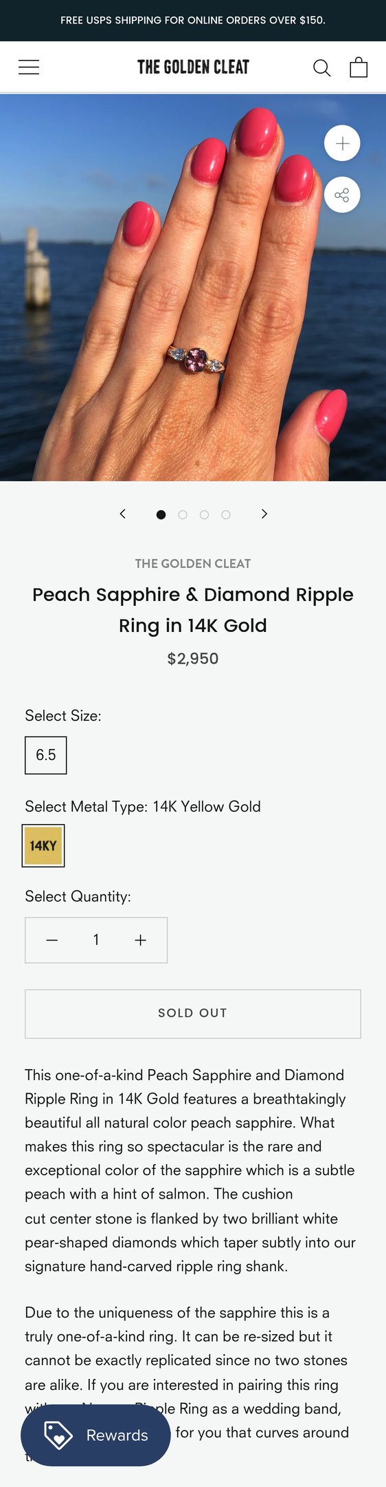 Jewelry product options include: ring for Peach Sapphire & Diamond Ripple Ring in 14K Gold from The Golden Cleat.