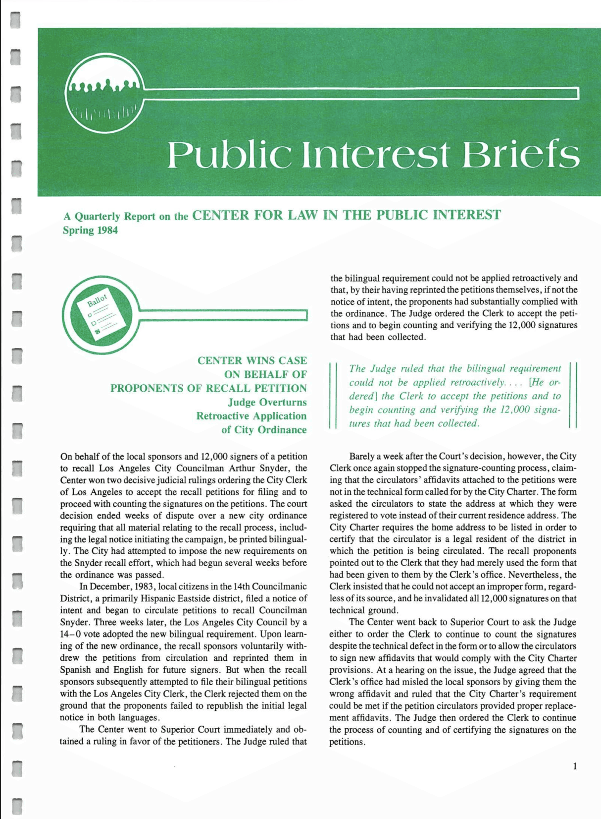 Cover of Center for Law In The Public Interest's Quarterly Report, Spring 1984 Edition Public Interest Briefs