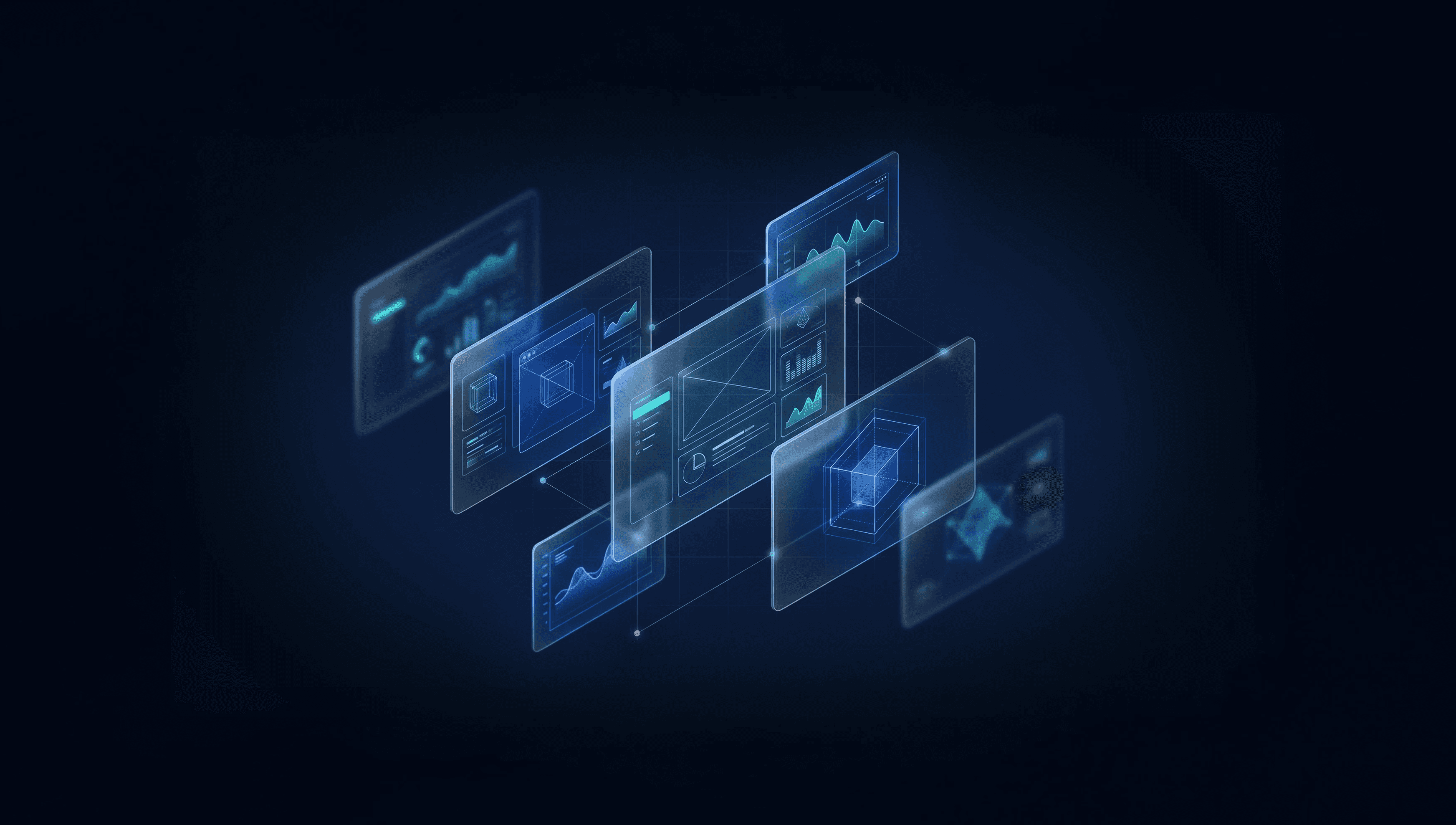 A collection of floating high-end B2B SaaS dashboard screens in a dark tech-noir style, showcasing Nudgix's portfolio of investor-ready product designs and complex system interfaces.