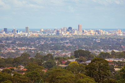 Adelaide city skyline seen from the hills
