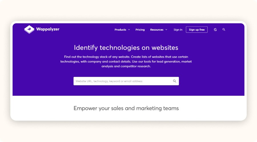 page d’accueil de Wappalyzer