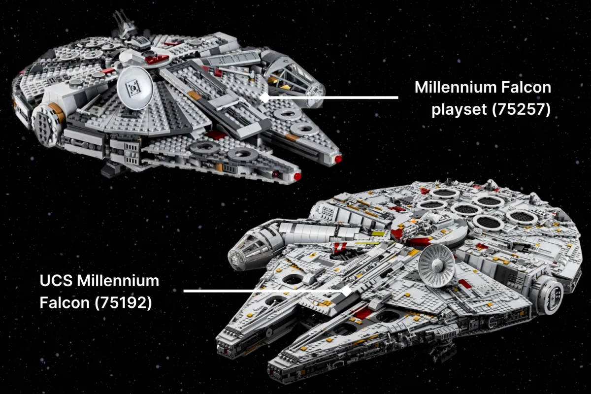 A side-by-side comparison of two LEGO Millennium Falcon sets, showcasing the highly detailed UCS Millennium Falcon (75192) and the smaller, more play-friendly Millennium Falcon playset (75257).