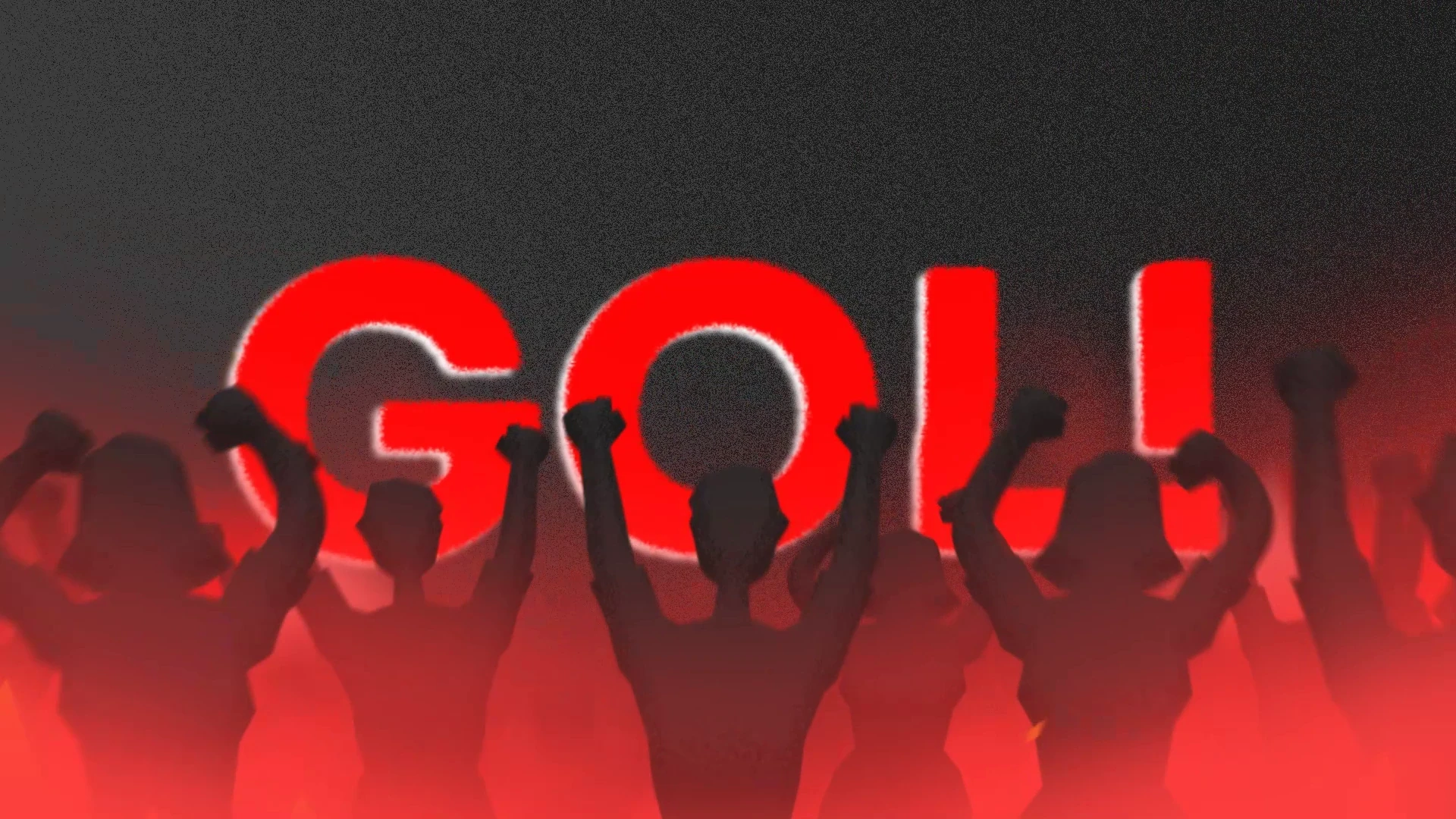 A frame from the goal animation: red GOL! lettering behind a cheering crowd, lit by a red glow.