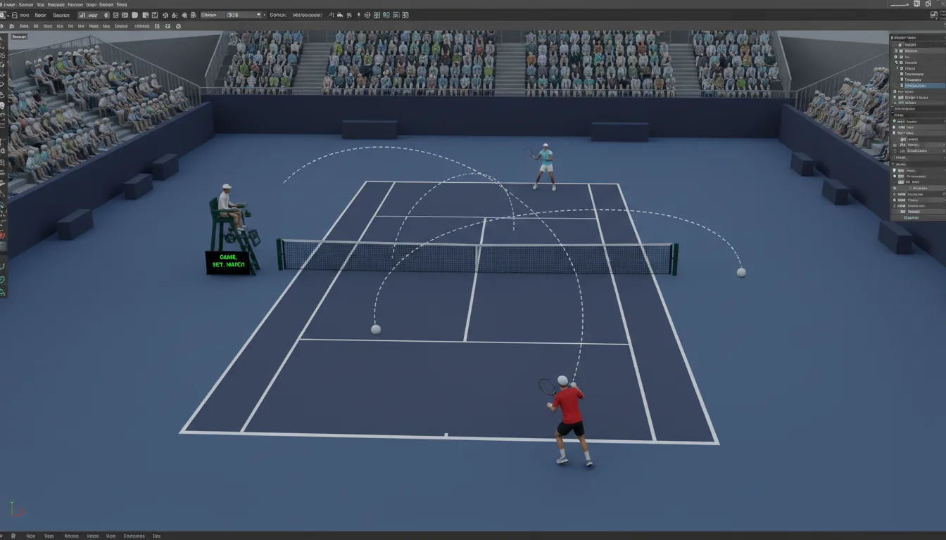 3D render in the style of an Autodesk Maya project, high-angle wide shot of a professional tennis match on a dark blue hardcourt with crisp white lines. Multiple white dashed lines arc over the net, visualizing the complex trajectory of a tennis ball during a rally. Spectators watch from bleachers in the background. An umpire is seated in a high chair in the foreground. The scene is rendered with soft global illumination and clean, realistic textures, creating a professional CG look under diffuse, overcast lighting.