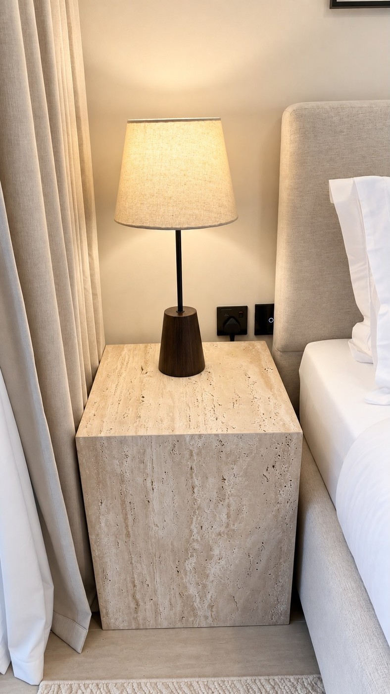 Bedside lamp and travertine nightstand