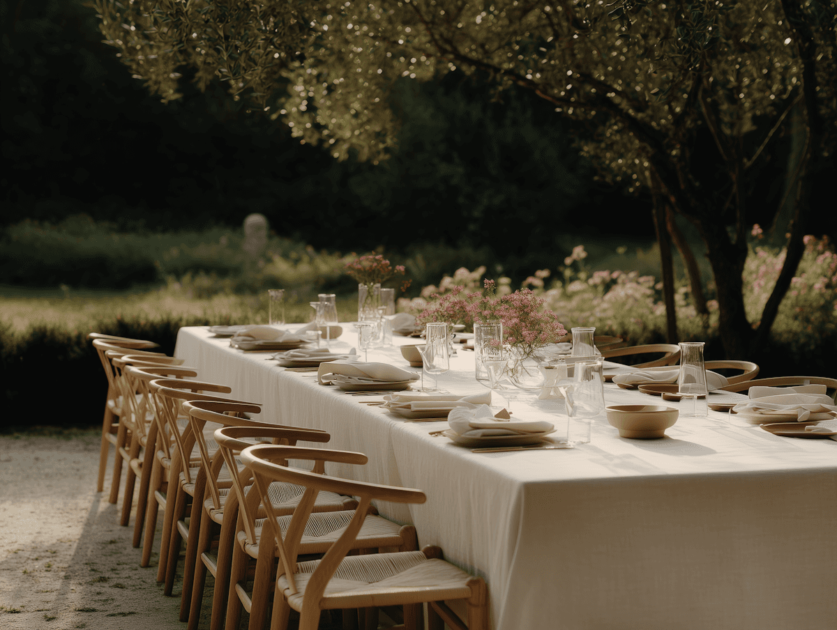 Elegant outdoor dining table set under olive trees with wooden chairs and soft afternoon sunlight