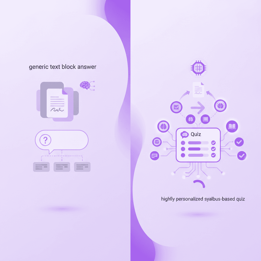 A split screen showing a generic text block answer on the left and a highly personalized syllabus-based quiz on the right