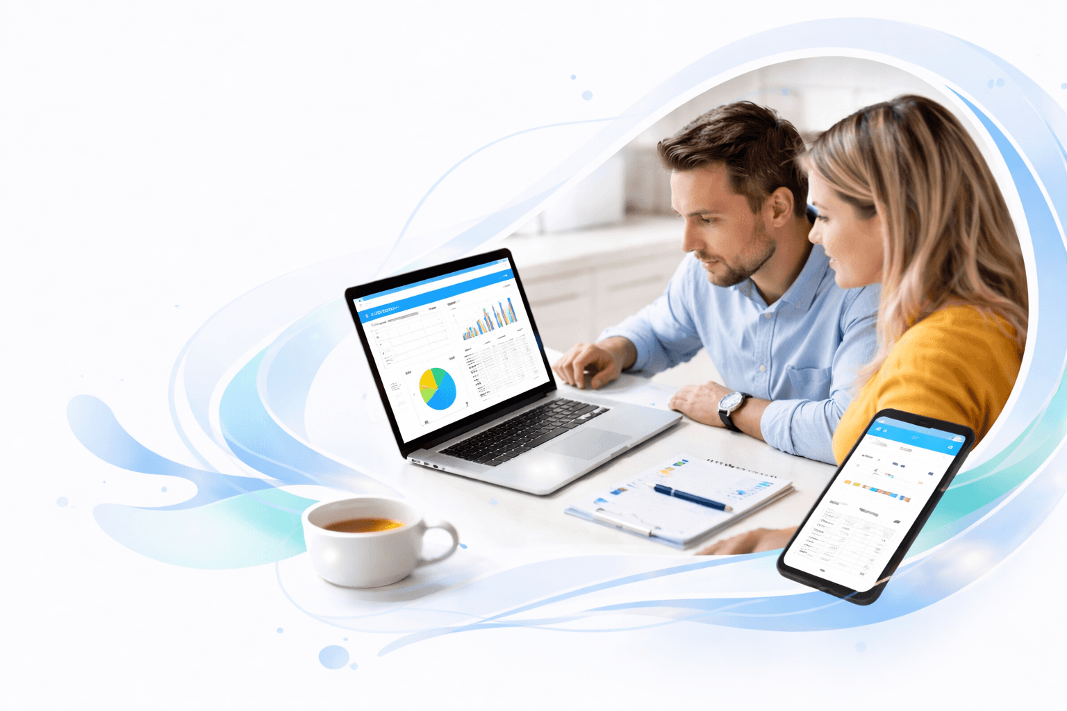 Two people looking at a laptop, one points at the screen. Man wears a cap and glasses. Woman in a green shirt.