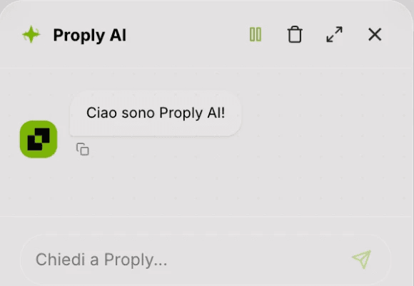 Widget chat di Proply AI con messaggio di benvenuto e campo “Chiedi a Proply…”