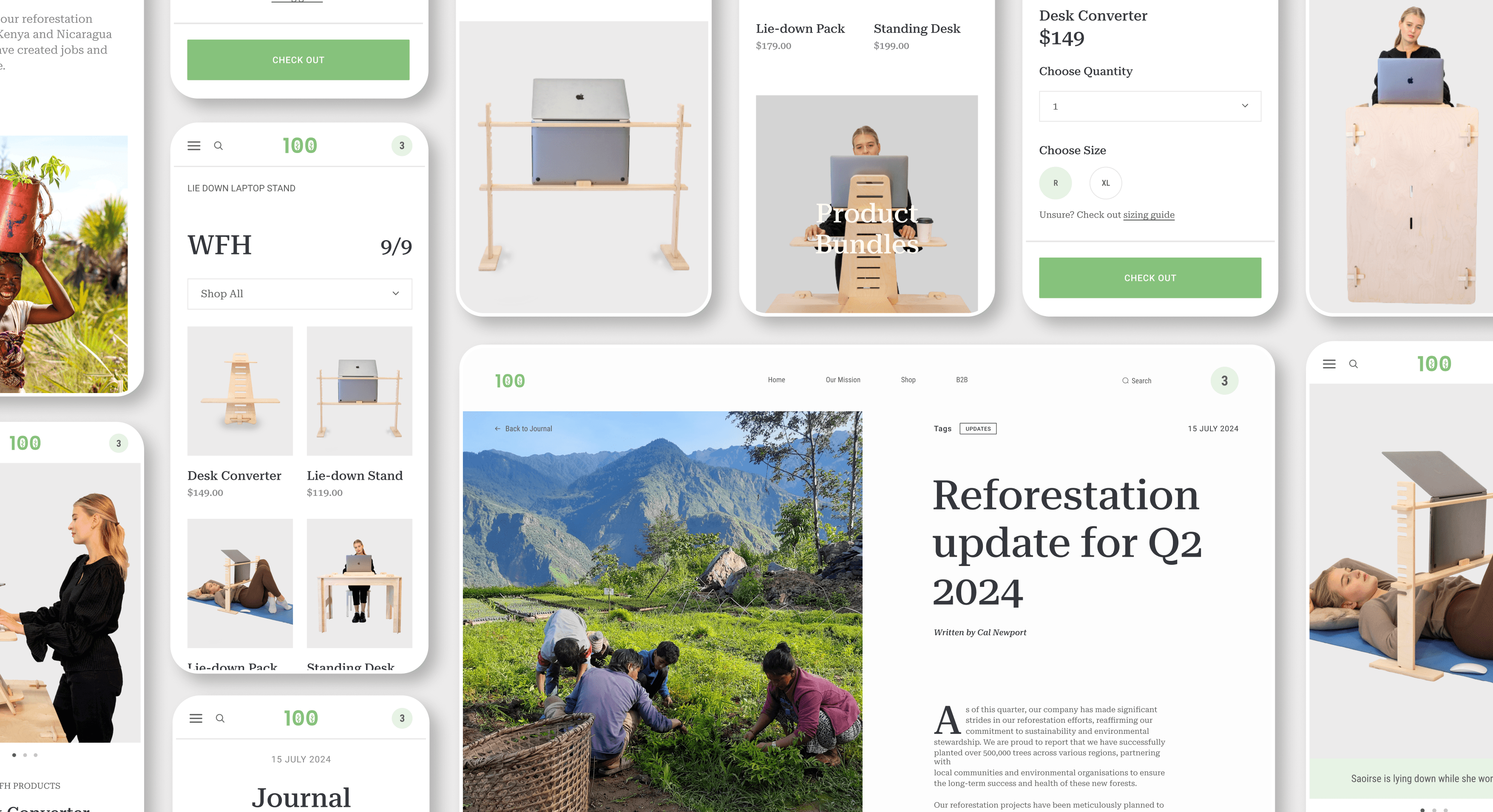 A grid compilation of shots from the 100 Tree Furniture website. They are in mobile and desktop form on a grey background.