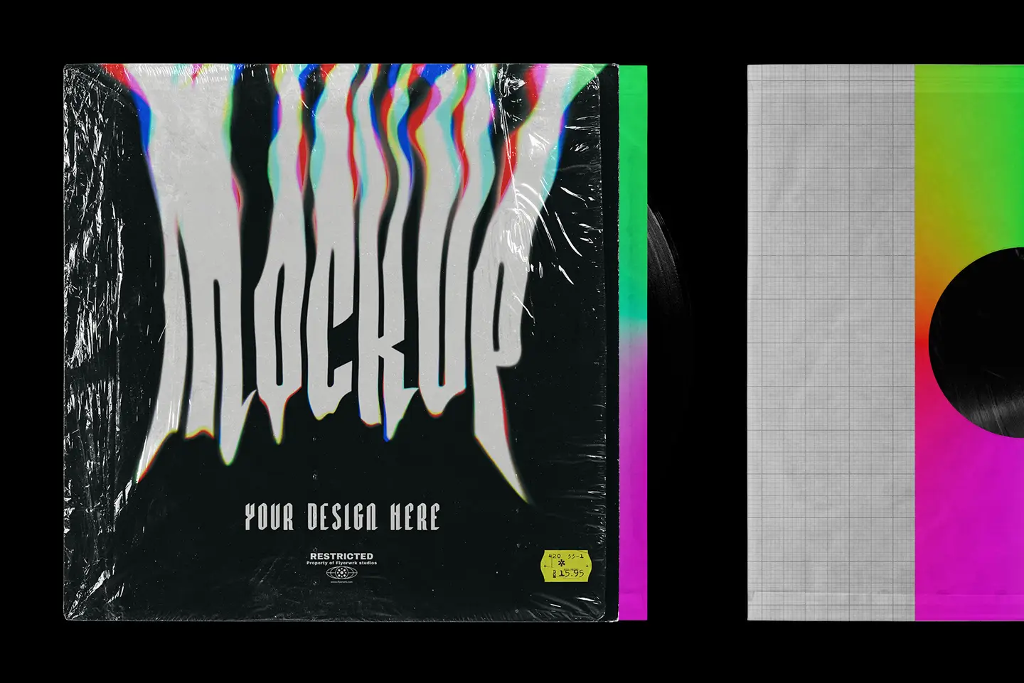 Vinyl record mockup with distorted album artwork preview and visible record sleeve