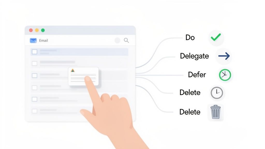 Illustration of a hand organizing an email into Do, Delegate, Defer, and Delete actions.