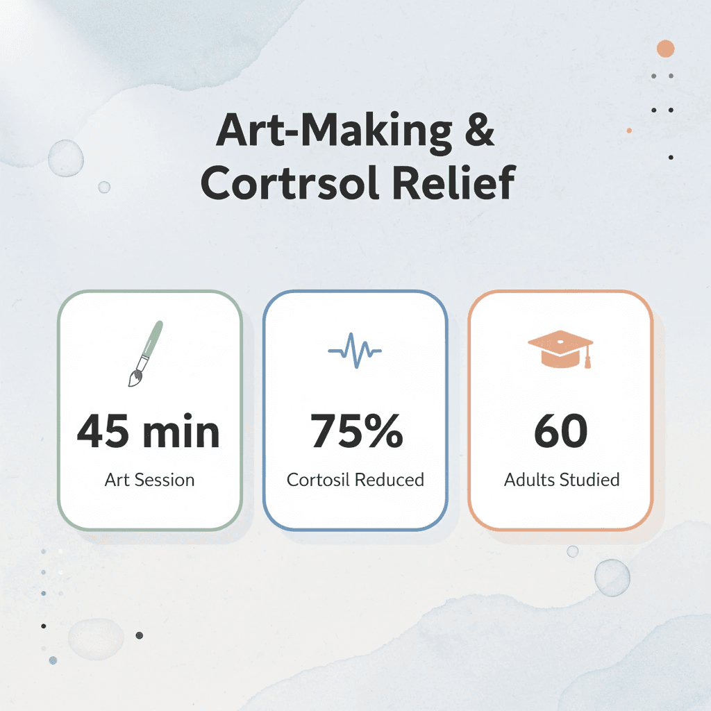 Infographic showing key statistics: 45 minutes of art-making reduced cortisol in 75% of participants across 60 adults studied