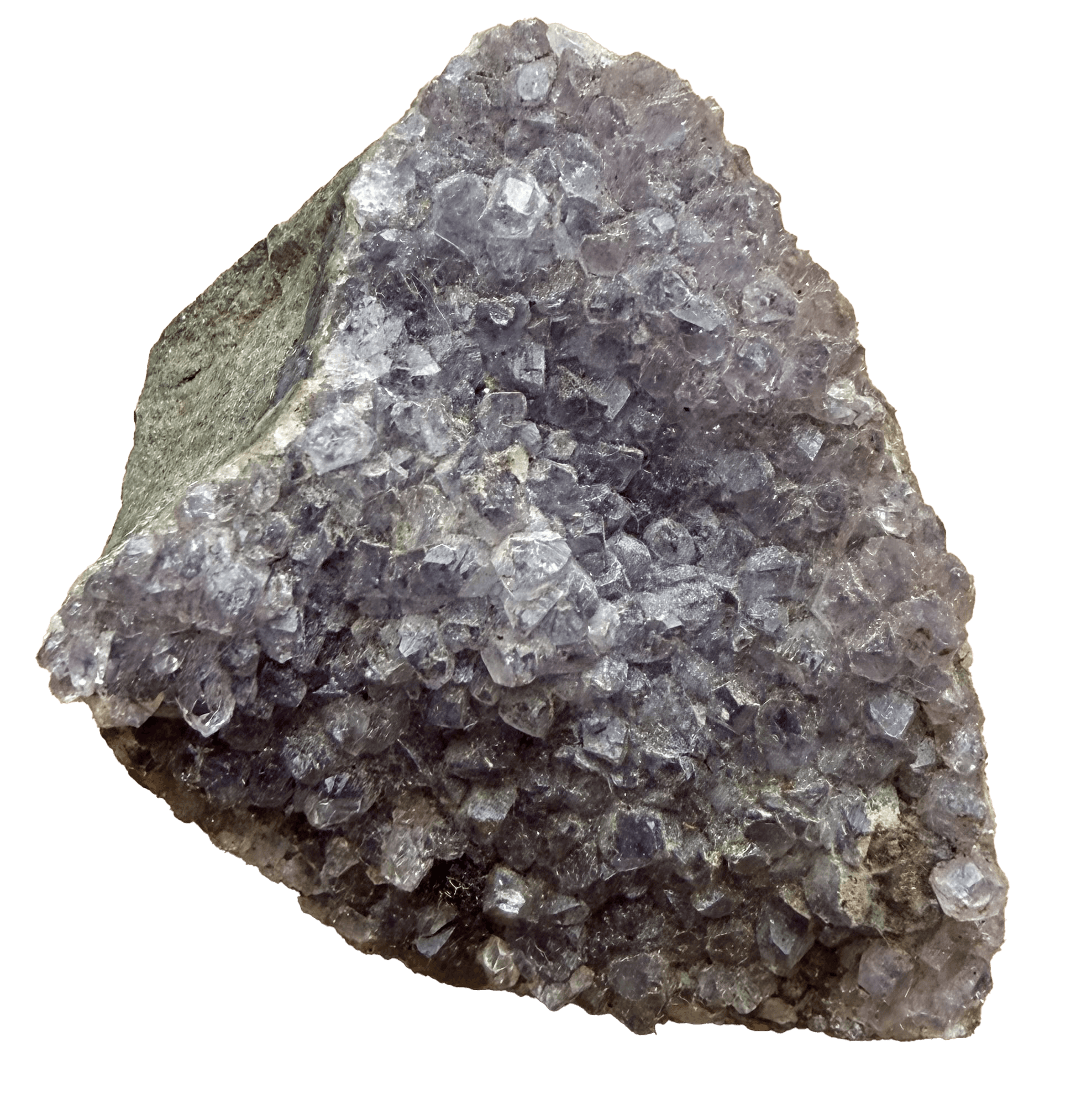 A mineral specimen featuring a rough, jagged surface with shades of purple and gray textures.